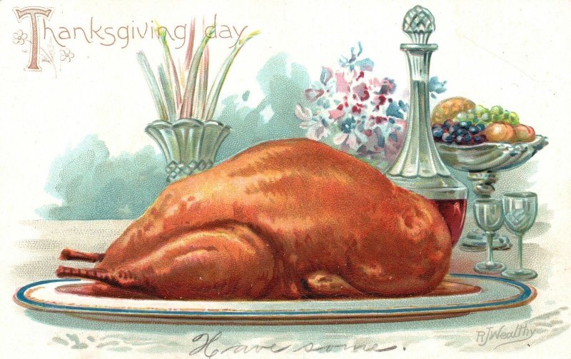 Vintage Postcard 1900's Thanksgiving Day Whole Roasted Turkey Dinner Holiday