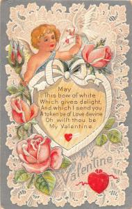 My Valentine greetings child with hearts dove & pink roses antique pc (Z4121) 