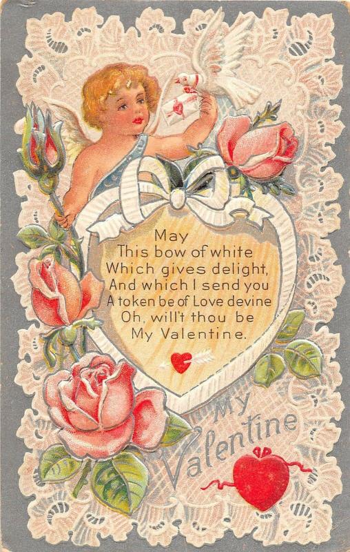 My Valentine greetings child with hearts dove & pink roses antique pc (Z4121) 