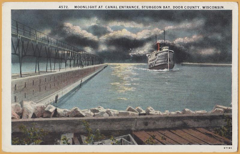 Surgeon Bay, Door County, Wis., Steamship entering the canal at night-1920