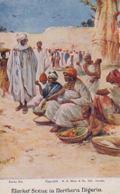 Market Square In Northern Nigeria Antique Artist Art Painting Nigerian Postcard