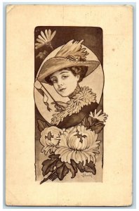 1914 Pretty Woman Hat Feather With Flowers Posted Antique Postcard