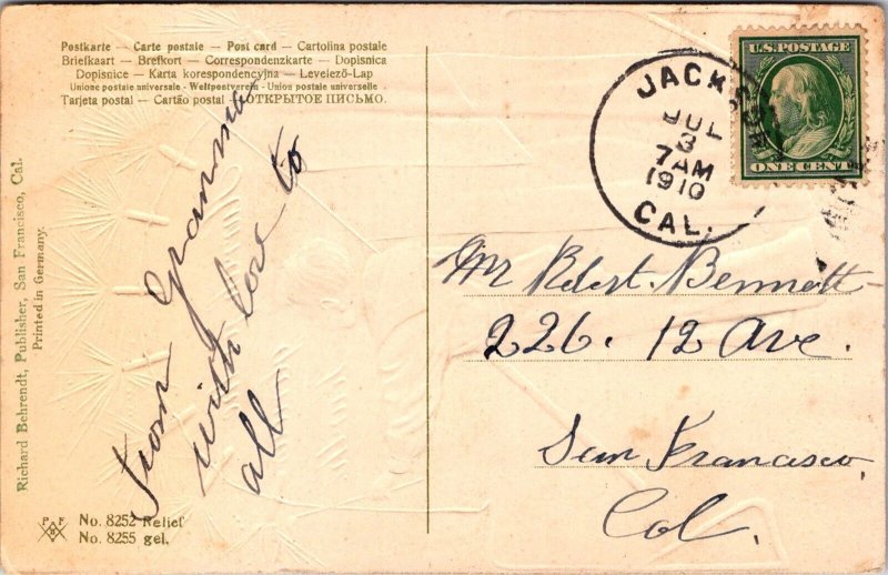 July 4 Boy With Flag Lights Fireworks Fire Crackers Embossed c1910 Postcard T71