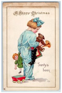 c1910's Christmas Girl Stocking Full Of Toys Embossed Posted Antique Postcard