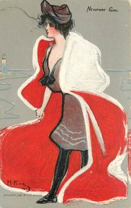 1907 Postcard Newport RI Girl In Bathing Suit Artist Signed H. King J.T. Wilcox