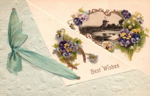 Vintage Postcard 1911 Best Wishes Seascape Blue Ribbon Pansies Embossed
