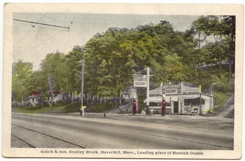 Haverhill MA Hutch & Son Socony Gas Pumps Station Landing Hannah Dustin Postcard