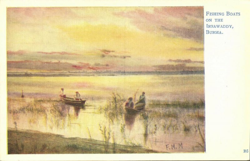 burma, Fishing Boats on Irrawaddy River (1910s) Causton Postcard No. B5