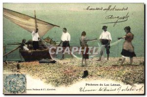 Old Postcard Fishing Boat Fishermen at Lake Geneva Switzerland