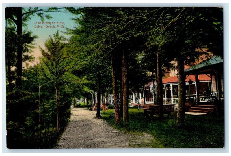 1915 Lake Michigan Front Trees Pathway Sylvan Beach Michigan MI Vintage Postcard 