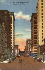 Birmingham Alabama AL Trolley Streetcar Street View Linen Vintage Postcard