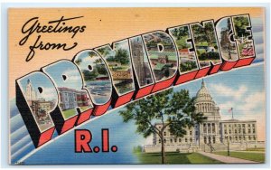 Large Letter Linen ~ PROVIDENCE, RI Rhode Island c1940s Berger Bros. Postcard