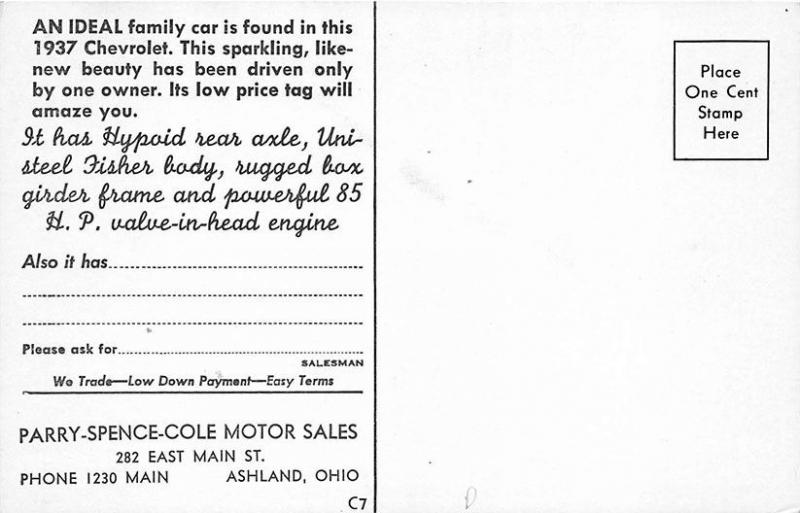 Ashland OH Parry-Spence-Cole Motor Sales 1937 Chevrolet Postcard