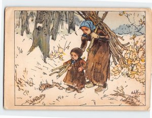 Postcard Girl and Woman Getting Some Firewood