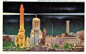 VINTAGE POSTCARD OLD WATER TOWER AND PALMOLIVE BUILDING MICHIGAN AVENUE REPRO