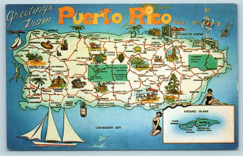 Postcard Puerto Rico Map of Island Greetings Town Names Roads c1950s X3