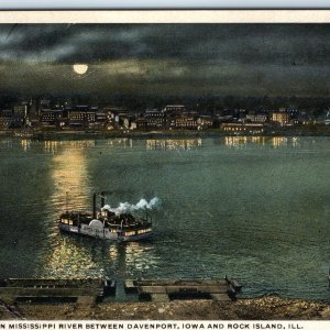 c1910s Rock Island IL Davenport, IA Mississippi River Night Scene Steamboat A275