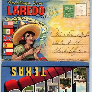 c1940s Laredo, TX Greetings Postcard Souvenir Folder Main St Mexico Tex Teich M7