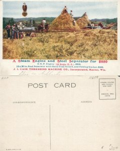 RACINE WIS. FARM EQUIPMENT CASE THRESHING MACHINE ANTIQUE ADVERTISING POSTCARD