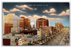 Canal Street View Night New Orleans LA Louisiana LA UNP Linen Postcard Y1