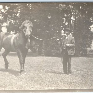 July 1912 Man w/ Cute Horse RPPC Jockey Whip Gentleman Real Photo PC A128