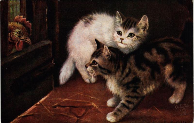 CPA AK CATS Kittens and a hen (a2076)