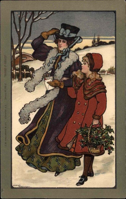 Christmas Mother & Daughter Victorian Clothing Ethel Parkinson c1910 Postcard