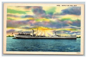 Vintage 1940's Military Postcard Navy & Troop Supply or Fuel Ship