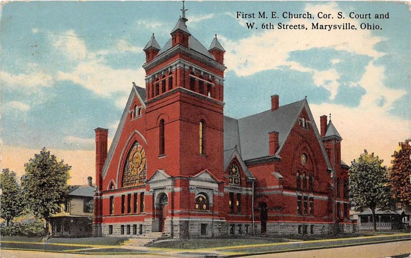 B99/ Marysville Union County Ohio Postcard 1914 First M.E. Church Building Court