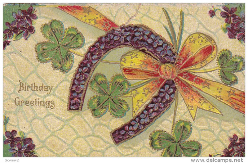 Birthday Greetings, Shamrocks, purple flower horseshoe, orange bow, 00-10s