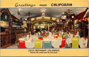 Greetings From California Lucca Restaurant Los Angeles Interior Linen Postcard  