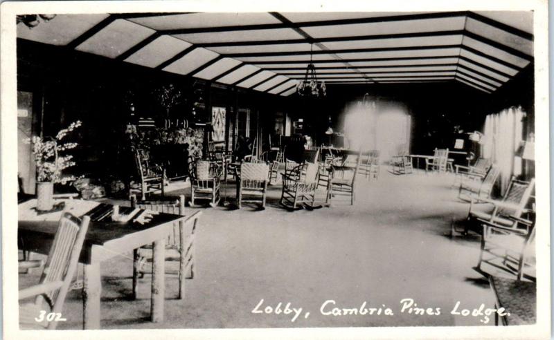 RPPC   CAMBRIA, CA   California    LOBBY, CAMBRIA PINES LODGE c1930s Postcard