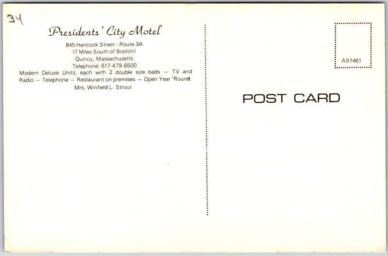 President City Motel Quincy Massachusetts MA Modern Deluxe Room Roadway Postcard