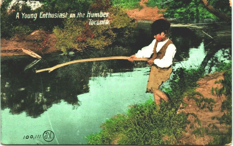 Young Enthusiast Child Fishing Humber River Toronto Ontario Canada DB Postcard