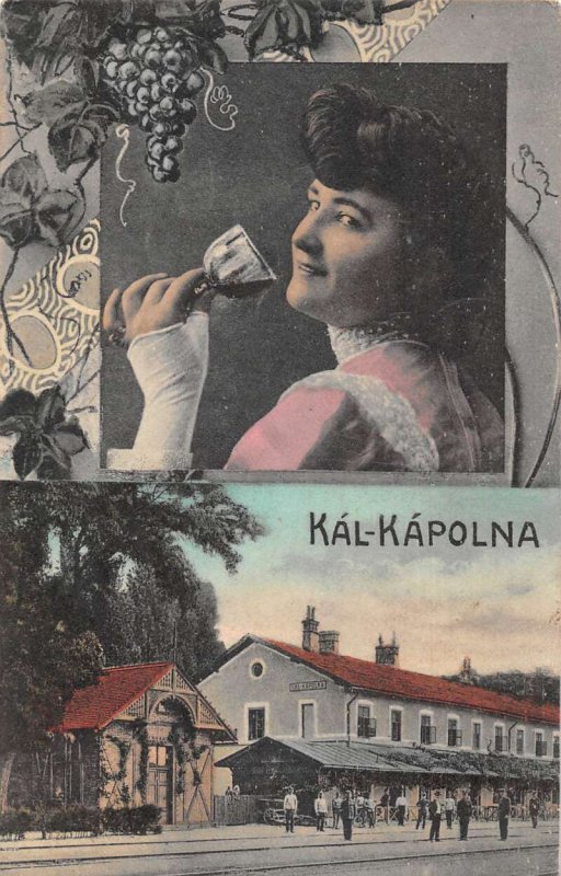 Kal Kapolna Hungary Train Station Lady Drinking Wine Vintage Postcard AA33421