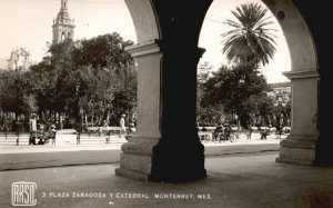 Real Photo Postcard Plaza Zaragoza Catedral Shopping Mall Monterrey Mexico RPPC