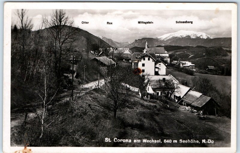 c1930s St. Corona am Wechsel, Austria RPPC Mountain Village Church Alps A337