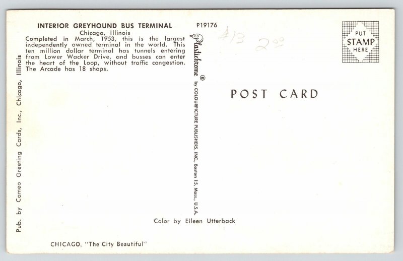 Chicago IL~Greyhound Bus Depot Interior~Tickets~Escalator~Information Desk~1955