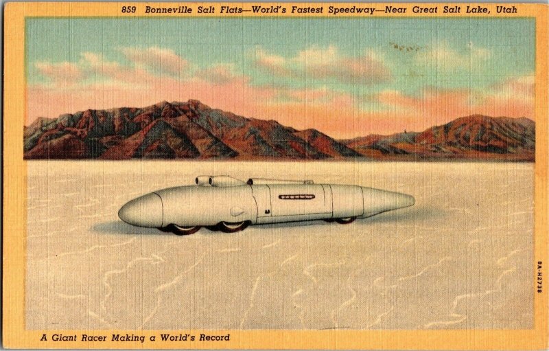 Bonneville Salt Flats, Giant Racer Great Salt Lake UT Vintage Postcard E31