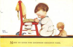 M.L. Attwell. Little girl playing. Make us good,, Old vintage English postcard