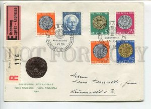 444933 Switzerland 1964 FDC coins express mail set stamps registered Bern