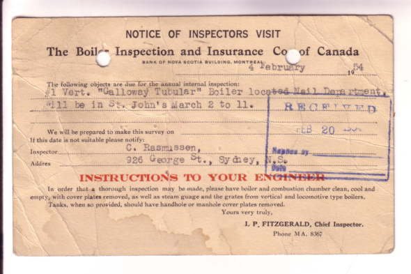 Canada Stationery, Boiler Inspection, Insurance, United Nail, Newfoundland, 1954