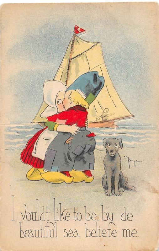 A75/ Die-Cut Stand-Up Valentine's Day Sailboat Dog Postcard 1916 Benjen Signed 4