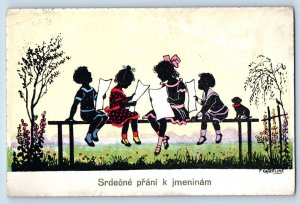 Czech Republic Postcard Silhouettes Childrens With Papers Puppy Dog c1910's