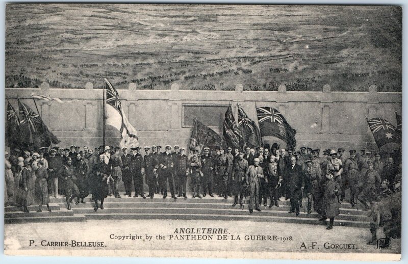 c1918 London, England War Memorial Soldiers Flags Union Jack Crowd Military A352