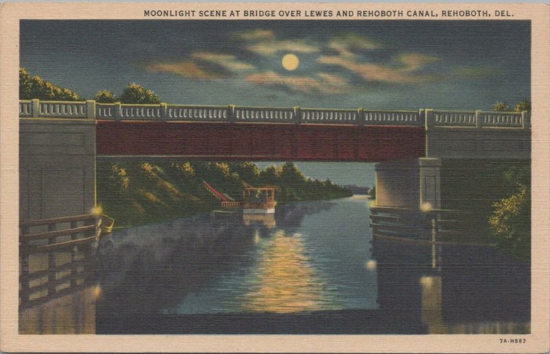 Postcard Moonlight Scene Bridge Over Lewes Rehoboth Canal Rehoboth DE