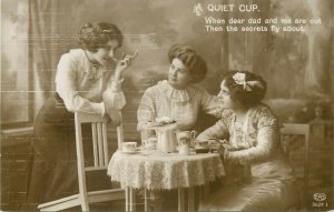 Tea related advertising vintage postcard glamour ladies quiet cup secret gossip 