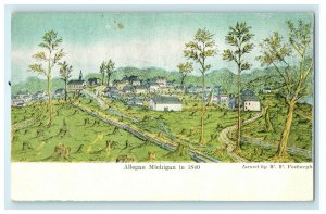 1911 Hand Colored Trees and Building in Allegan Michigan MI Antique Postcard 