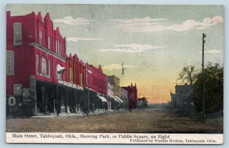 Postcard OK Tahlequah Main 1909 Street View Park Public Square Store S13