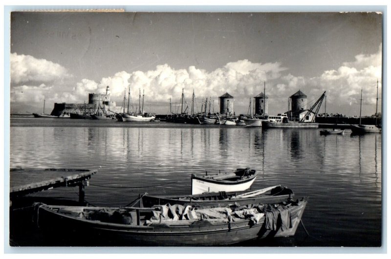 1959 Boat Buildings View of the Port Rhodes Greece RPPC Photo Postcard